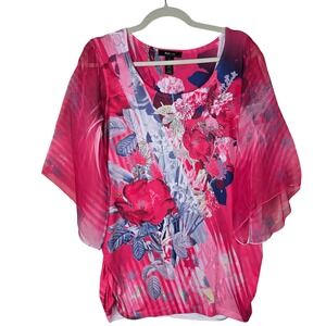 Style & Co Floral Rhinestone Sheer Sleeve Blouse Large Fuchsia Pink 90 Y2K Fairy